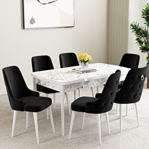 Mabel Beyaz Mermer Desen 80x132 Mdf Açılabilir Mutfak Masası Takımı 6 Adet Sandalye