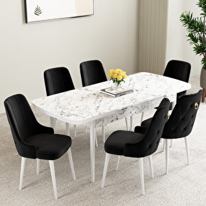 Mabel Beyaz Mermer Desen 80x132 Mdf Açılabilir Mutfak Masası Takımı 6 Adet Sandalye