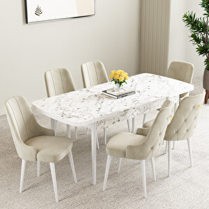 Mabel Beyaz Mermer Desen 80x132 Mdf Açılabilir Mutfak Masası Takımı 6 Adet Sandalye Pembe