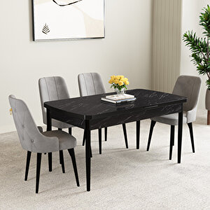 Mabel Siyah Mermer Desen 80x132 Mdf Açılabilir Mutfak Masası Takımı 4 Adet Sandalye Siyah