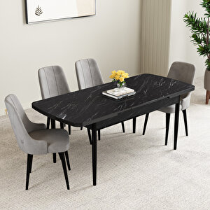 Mabel Siyah Mermer Desen 80x132 Mdf Açılabilir Mutfak Masası Takımı 4 Adet Sandalye Siyah