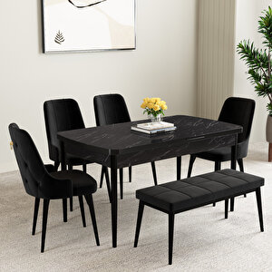 Mabel Siyah Mermer Desen 80x132 Mdf Açılabilir Mutfak Masası Takımı 4 Sandalye, 1 Bench Antrasit