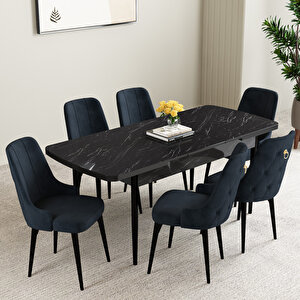 Mabel Siyah Mermer Desen 80x132 Mdf Açılabilir Mutfak Masası Takımı 6 Adet Sandalye Antrasit