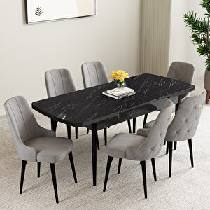 Mabel Siyah Mermer Desen 80x132 Mdf Açılabilir Mutfak Masası Takımı 6 Adet Sandalye Cappucino