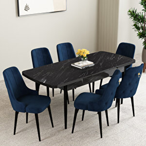 Mabel Siyah Mermer Desen 80x132 Mdf Açılabilir Mutfak Masası Takımı 6 Adet Sandalye Gri