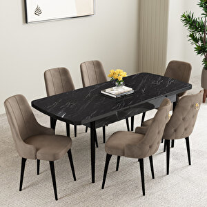Mabel Siyah Mermer Desen 80x132 Mdf Açılabilir Mutfak Masası Takımı 6 Adet Sandalye Kahve