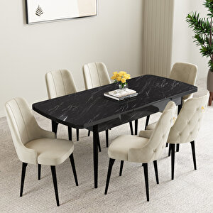 Mabel Siyah Mermer Desen 80x132 Mdf Açılabilir Mutfak Masası Takımı 6 Adet Sandalye Siyah