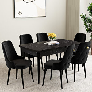 Mabel Siyah Mermer Desen 80x132 Mdf Açılabilir Mutfak Masası Takımı 6 Adet Sandalye Siyah