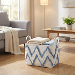 Mavi Beyaz Tüylü Sepet 35x27x27 cm