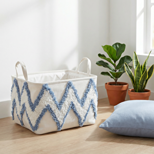 Mavi Beyaz Tüylü Sepet 35x27x27 cm