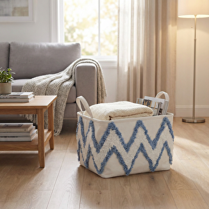 Mavi Beyaz Tüylü Sepet 35x27x27 cm