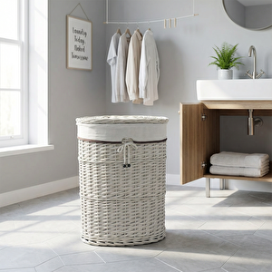 Bağcıklı Ekru Oval Çamaşır Sepeti Large 51x3