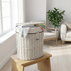 Bağcıklı Ekru Oval Çamaşır Sepeti Large 51x3