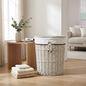 Bağcıklı Ekru Oval Çamaşır Sepeti Medium 44x3