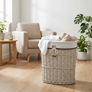 Bağcıklı Ekru Oval Çamaşır Sepeti Medium 44x3