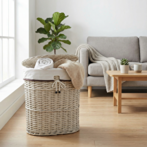 Bağcıklı Ekru Oval Çamaşır Sepeti Medium 44x3