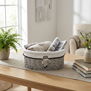 Bağcıklı Ekru Oval Saklama Sepeti 40x32x