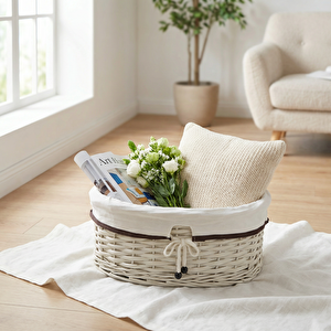 Bağcıklı Ekru Oval Saklama Sepeti 40x32x