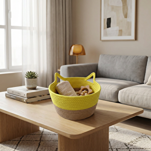 Kedi Kulaklı Sepet 27x16 cm Sarı