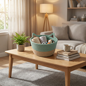 Kedi Kulaklı Sepet 27x16 cm Yeşil