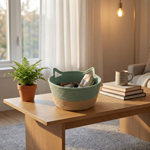 Kedi Kulaklı Sepet 27x16 cm Yeşil