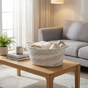 Pamuklu Örgü Sepet Beyaz Mavi 41x29x20 Cm