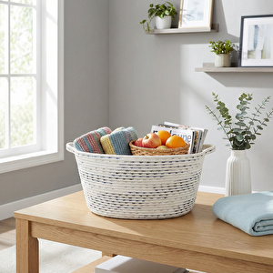 Pamuklu Örgü Sepet Beyaz Mavi 41x29x20 Cm