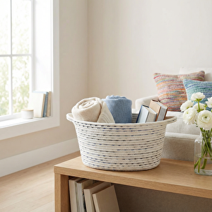 Pamuklu Örgü Sepet Beyaz Mavi 36x25x17 Cm