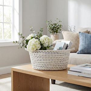 Pamuklu Örgü Sepet Beyaz Mavi 36x25x17 Cm