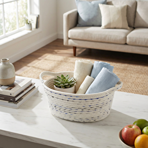 Pamuklu Örgü Sepet Beyaz Mavi 31x22x14 Cm