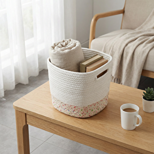 Pamuklu Örgü Sepet Beyaz Bej 25x25x25 Cm