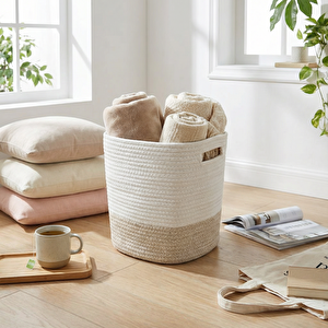 Pamuklu Örgü Sepet Beyaz Bej 25x25x25 Cm