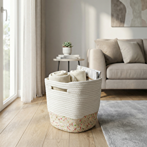 Pamuklu Örgü Sepet Beyaz Bej 20x20x20 Cm