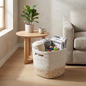 Pamuklu Örgü Sepet Beyaz Bej 20x20x20 Cm