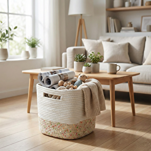 Pamuklu Örgü Sepet Beyaz Bej 20x20x20 Cm