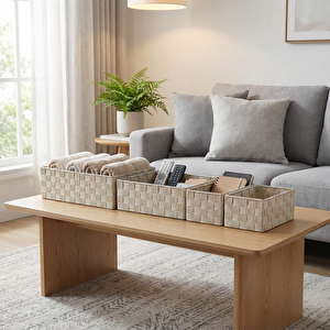 Plastik Örme Sepet Bej Set