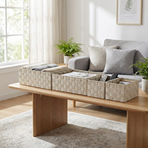 Plastik Örme Sepet Bej Set