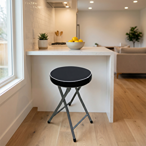 New Katlanır Tabure Puflu Siyah