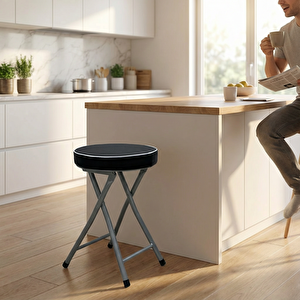 New Katlanır Tabure Puflu Siyah