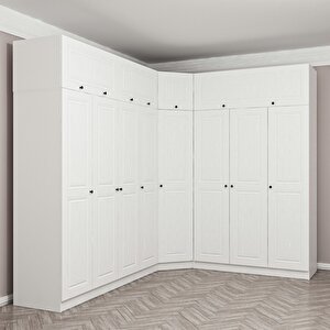 Minar Kale190 8 Kapaklı 4 Çekmeceli Köşe Dolap + Yüklük Beyaz Mebran 255cm