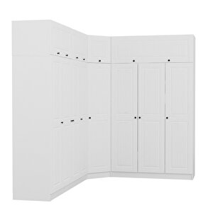 Minar Kale190 8 Kapaklı 4 Çekmeceli Köşe Dolap + Yüklük Beyaz Mebran 255cm