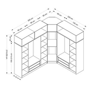 Minar Kale190 8 Kapaklı 4 Çekmeceli Köşe Dolap + Yüklük Beyaz Mebran 255cm