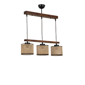 David 3 Lü Sıralı Ceviz Rattan Abajurlu Sarkıt