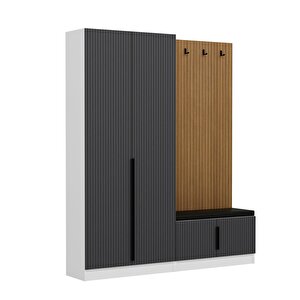 Minar Kale Dekor Panel 2 Kapaklı 2b Raf Portmanto + Ayakkabılık Minderli Beyaz Mebran Çizgili Antrasit