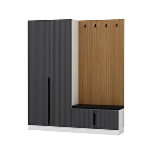 Minar Kale Dekor Panel 2 Kapaklı 2b Raf Portmanto + Ayakkabılık Minderli Beyaz Mebran Çizgili Antrasit
