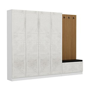 Minar Kale Dekor Panel 4 Kapaklı 2b Raf Portmanto + Ayakkabılık Minderli Beyaz Eskitme Beyaz