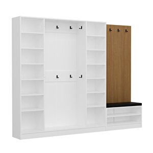 Minar Kale Dekor Panel 4 Kapaklı 2b Raf Portmanto + Ayakkabılık Minderli Beyaz Eskitme Beyaz
