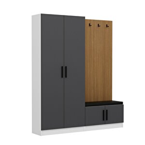 Minar Kale Dekor Panel 2 Kapaklı 2b Raf Portmanto + Ayakkabılık Minderli Beyaz Antrasit