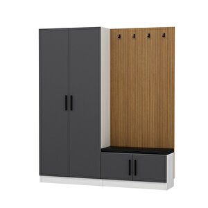 Minar Kale Dekor Panel 2 Kapaklı 2b Raf Portmanto + Ayakkabılık Minderli Beyaz Antrasit