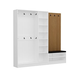 Minar Kale Dekor Panel 3 Kapaklı 1b Raf Portmanto + Ayakkabılık Minderli Beyaz Mebran Çizgili Antrasit